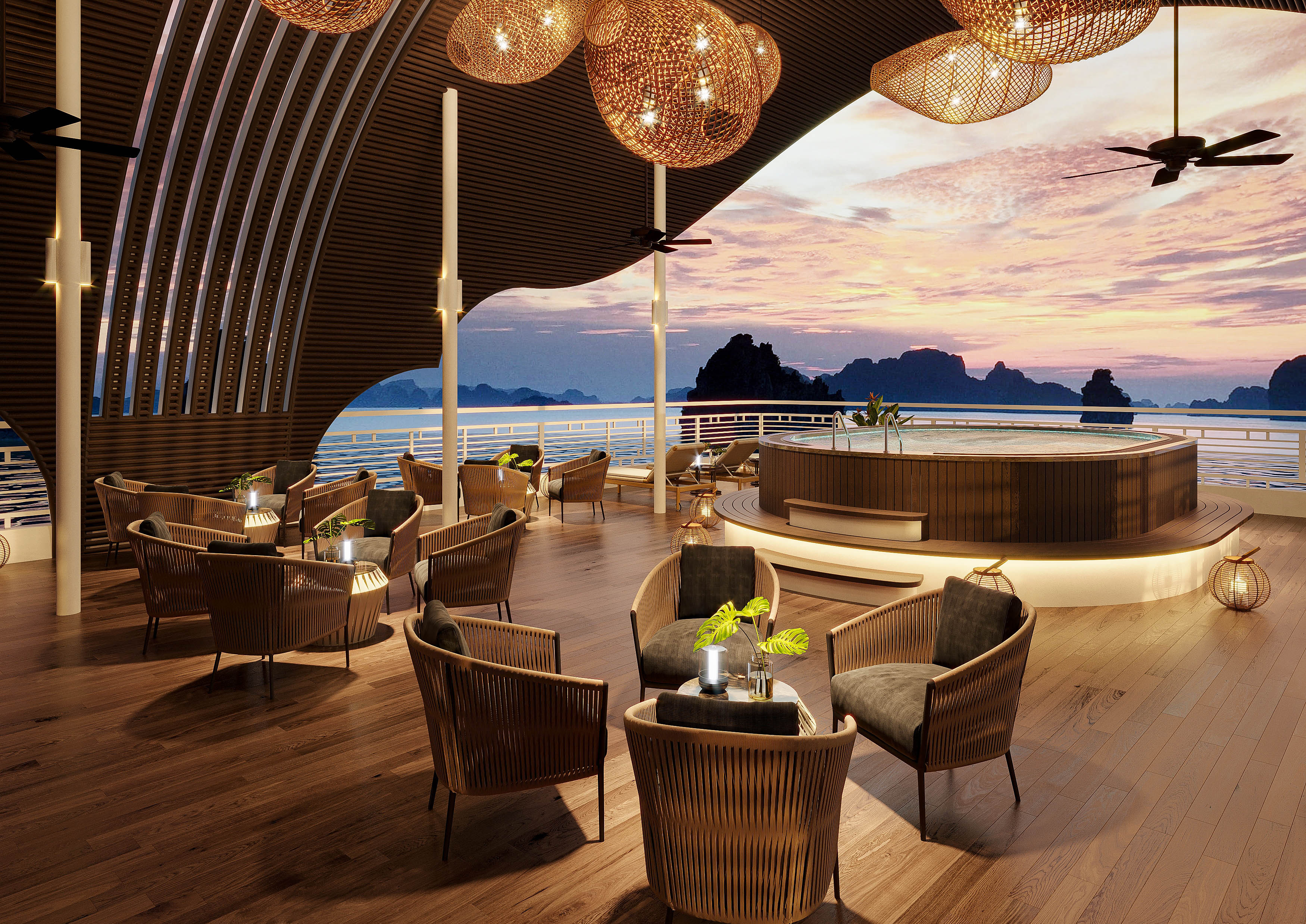 Calm open-air lounge seating on Oris Cruise facing the bay at sunset
