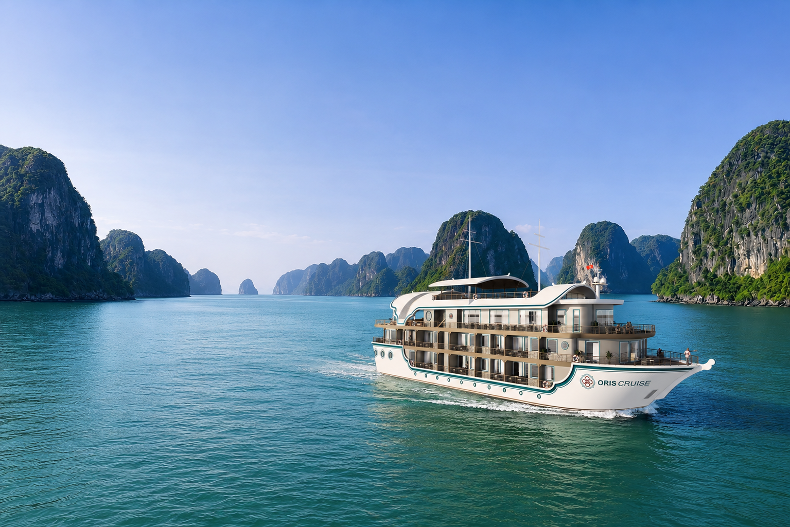 Oris Cruise vessel on green bay water with limestone islands in the background