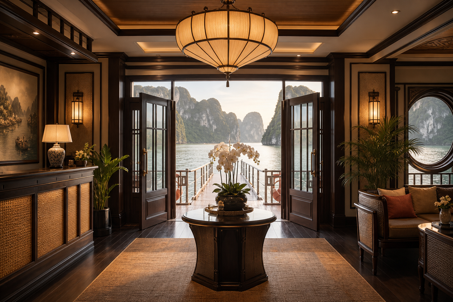 Oris Cruise welcome lounge interior creating a calm first impression on arrival