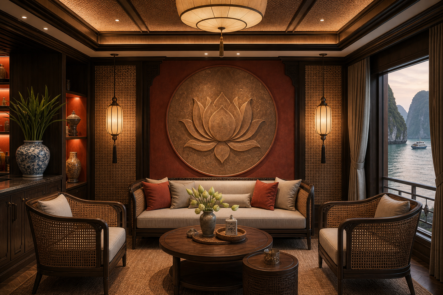 Oris Cruise cabin with Vietnamese-inspired lotus artwork and warm Indochine design details
