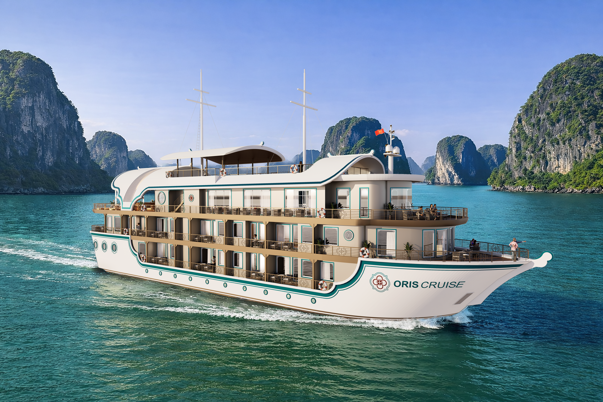 Oris Cruise sailing through calm Lan Ha Bay water with limestone karsts around the vessel